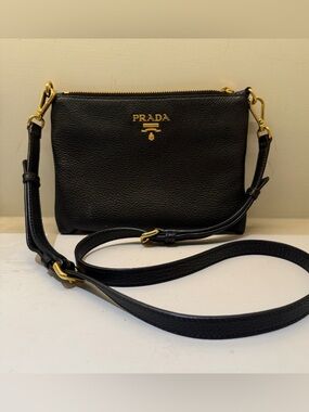 Prada Black Pebbled Leather Crossbody with Gold-Tone Logo